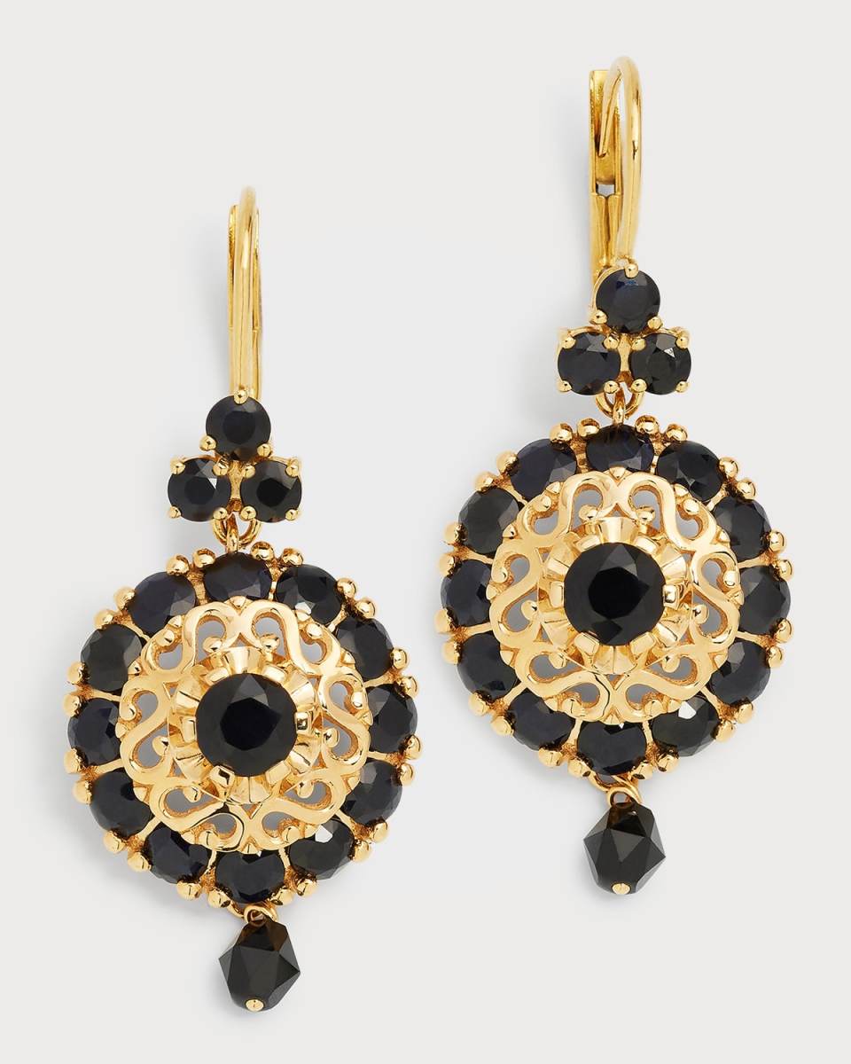 18K Yellow Gold Clover Black Sapphire and Black Jade Earrings
